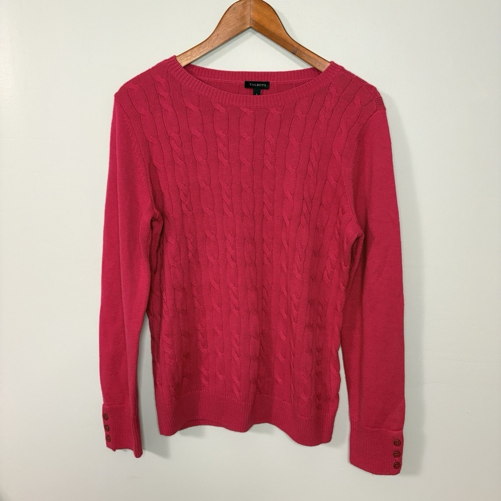 Talbots Women's Pink Cable Knit Pullover Sweater Button Cuff Large Wool Blend